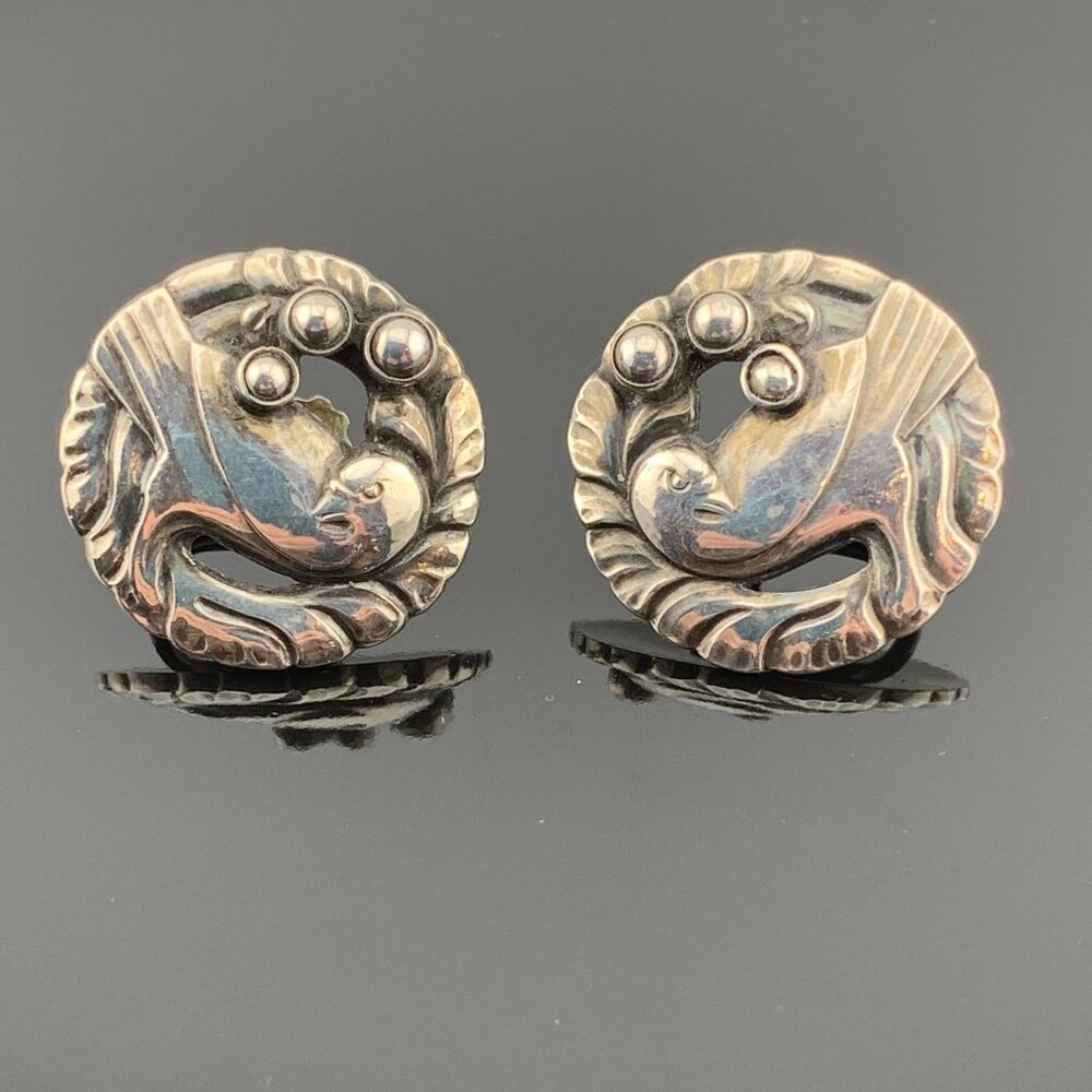 Georg Jensen Dove w/Silver "Pearls" Screw-back Earrings No 66 Vtg Denmark J905